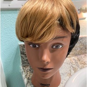 Short pixie cut wig with bangs blonde mixed with brown short synthetic wig